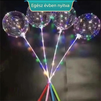 Fénylő játék készlet ballonfogóval és BoBo golyóval – műanyag, kerek, hullámgömb típusú ballonok, nyomtatott logó