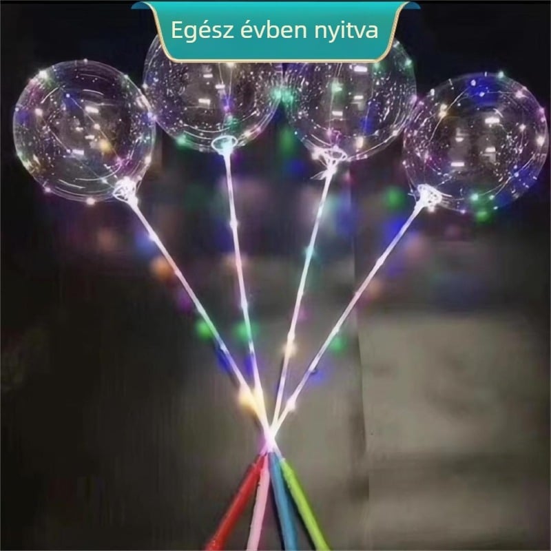 Fénylő játék készlet ballonfogóval és BoBo golyóval – műanyag, kerek, hullámgömb típusú ballonok, nyomtatott logó