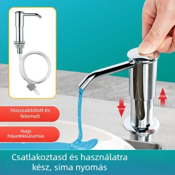 Konyhai mosogatótálhoz mosogatószer adagoló pumpa fej hosszabbító csővel, kézi nyomású működés, műanyag, krómozott felület, modern minimál dizájn