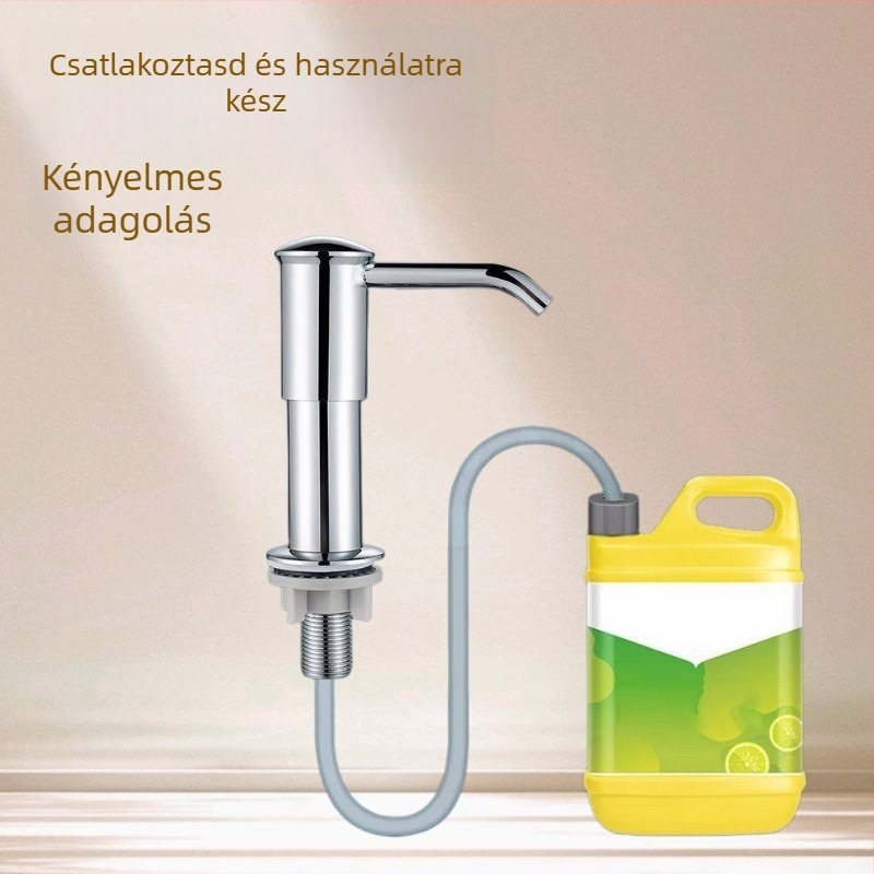 Konyhai mosogatótálhoz mosogatószer adagoló pumpa fej hosszabbító csővel, kézi nyomású működés, műanyag, krómozott felület, modern minimál dizájn