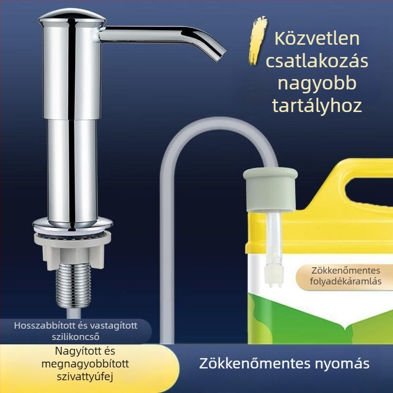 Konyhai mosogatótálhoz mosogatószer adagoló pumpa fej hosszabbító csővel, kézi nyomású működés, műanyag, krómozott felület, modern minimál dizájn