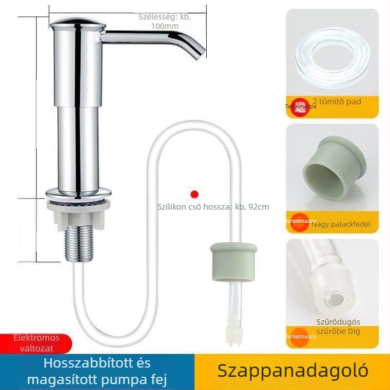 Konyhai mosogatótálhoz mosogatószer adagoló pumpa fej hosszabbító csővel, kézi nyomású működés, műanyag, krómozott felület, modern minimál dizájn