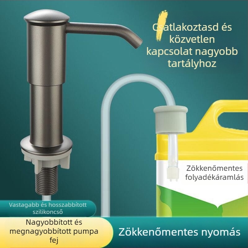 Konyhai mosogatótálhoz mosogatószer adagoló pumpa fej hosszabbító csővel, kézi nyomású működés, műanyag, krómozott felület, modern minimál dizájn