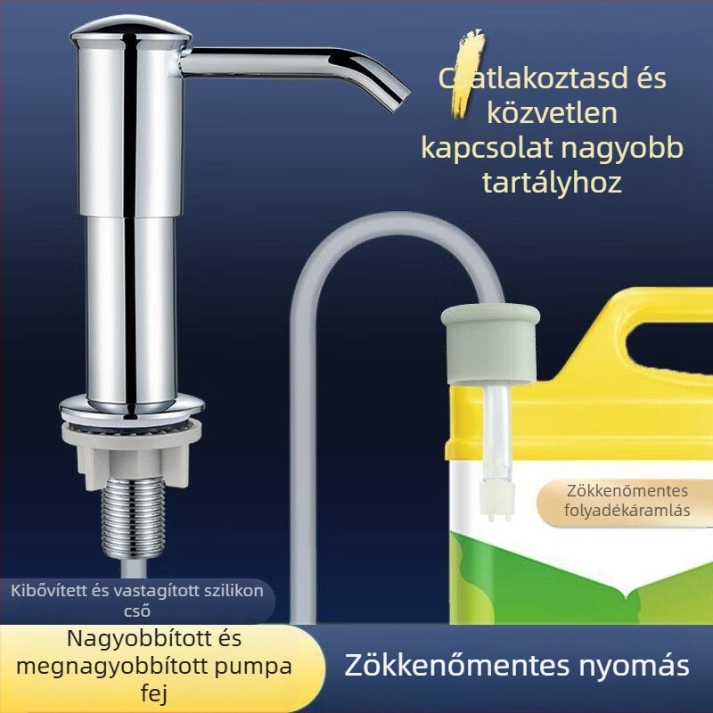 Konyhai mosogatótálhoz mosogatószer adagoló pumpa fej hosszabbító csővel, kézi nyomású működés, műanyag, krómozott felület, modern minimál dizájn