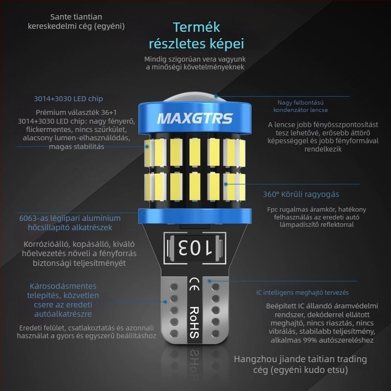 T10 LED izzó a rendszámtábla világításához, nagy fényerő, lencse, alap W5W (12V, 5000 lm)