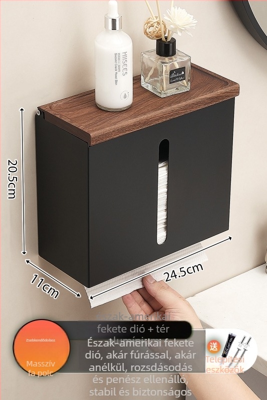 Diófa falra szerelt vécépapír-doboz – tömörfa + alumínium, vízálló, levehető papírtartó, modern minimalista stílus