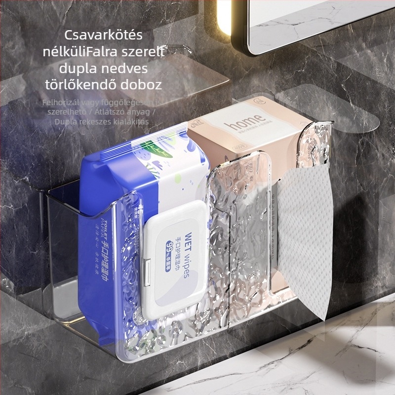 Fali nedves törlőkendő tároló – fúrás nélkül, PET anyag, 56 darabos készlet, többfunkciós, modern minimalista kialakítás