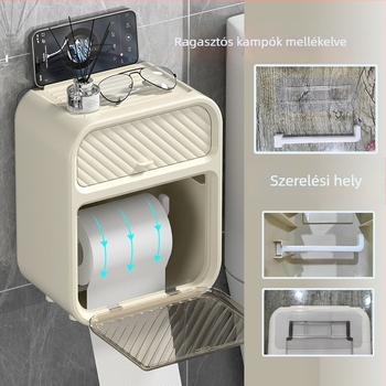 Fürdőszobai falra szerelhető műanyag papírtörlő doboz, vízálló, modell 5.16.1, tekercses papírokhoz