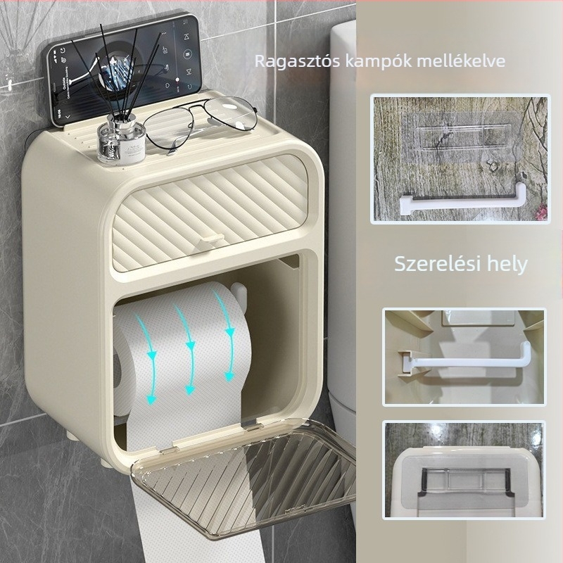 Fürdőszobai falra szerelhető műanyag papírtörlő doboz, vízálló, modell 5.16.1, tekercses papírokhoz