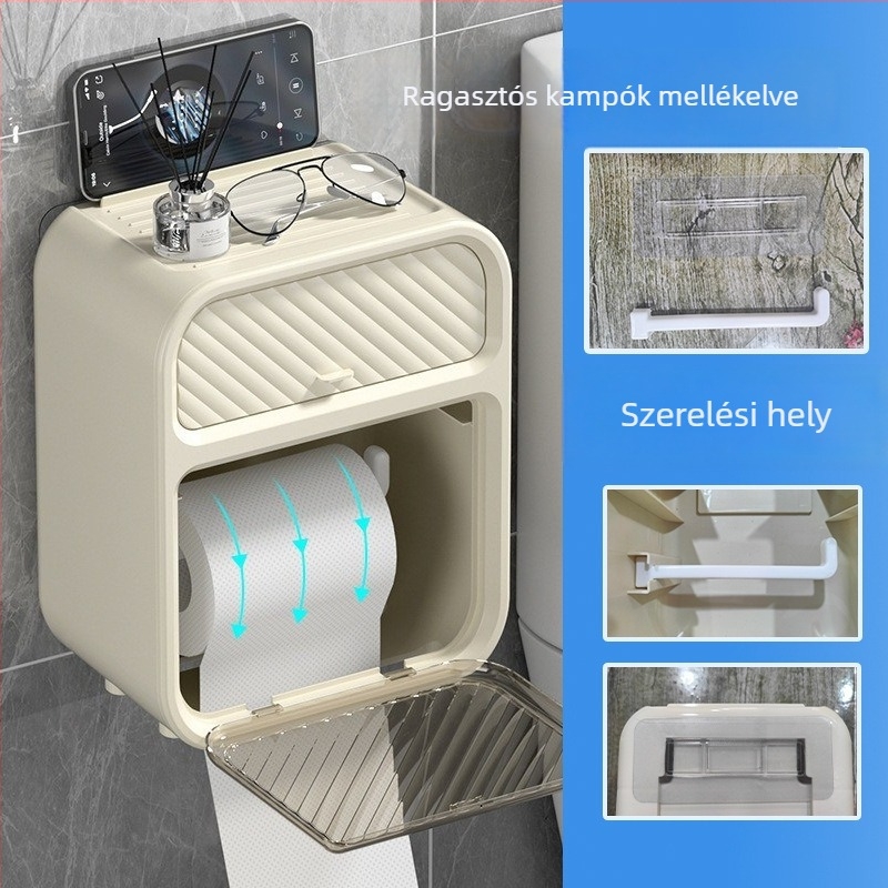 Fürdőszobai falra szerelhető műanyag papírtörlő doboz, vízálló, modell 5.16.1, tekercses papírokhoz