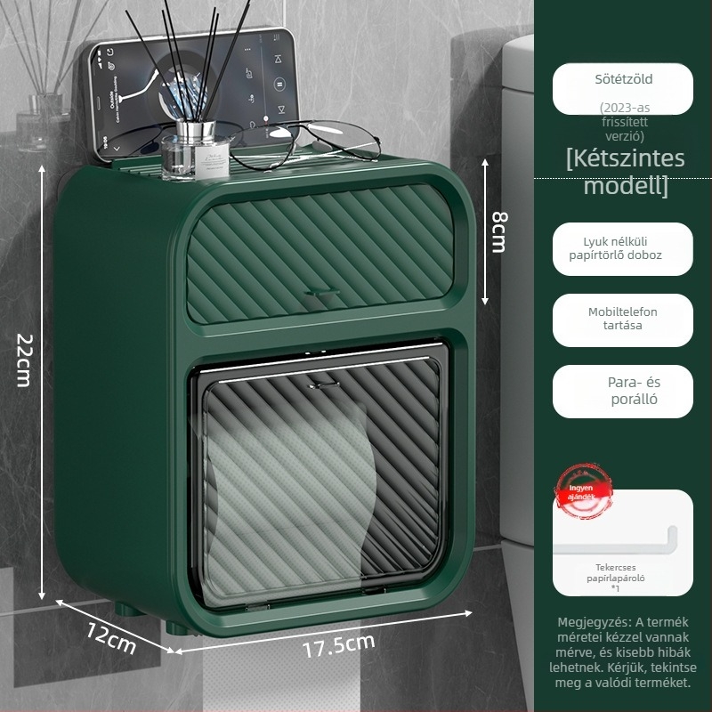 Fürdőszobai falra szerelhető műanyag papírtörlő doboz, vízálló, modell 5.16.1, tekercses papírokhoz