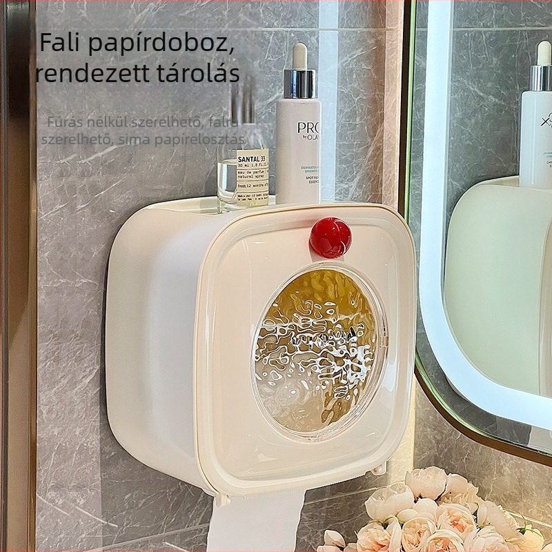 Fali műanyag papírzsebkendő-doboz, dupla rétegű, fúrás nélküli rögzítés, vízálló, alkalmas tekercses papíroknak, modell YNY-858