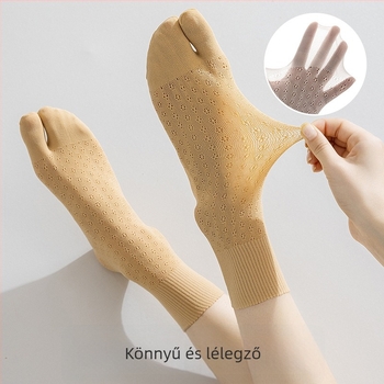 Női hálószövetes zokni középmagasságú, ujjak szerint különíthető, nylon 70–80%, gyors száradás, nedvességelnyelés, súrlódás elleni, egyszálas kötés