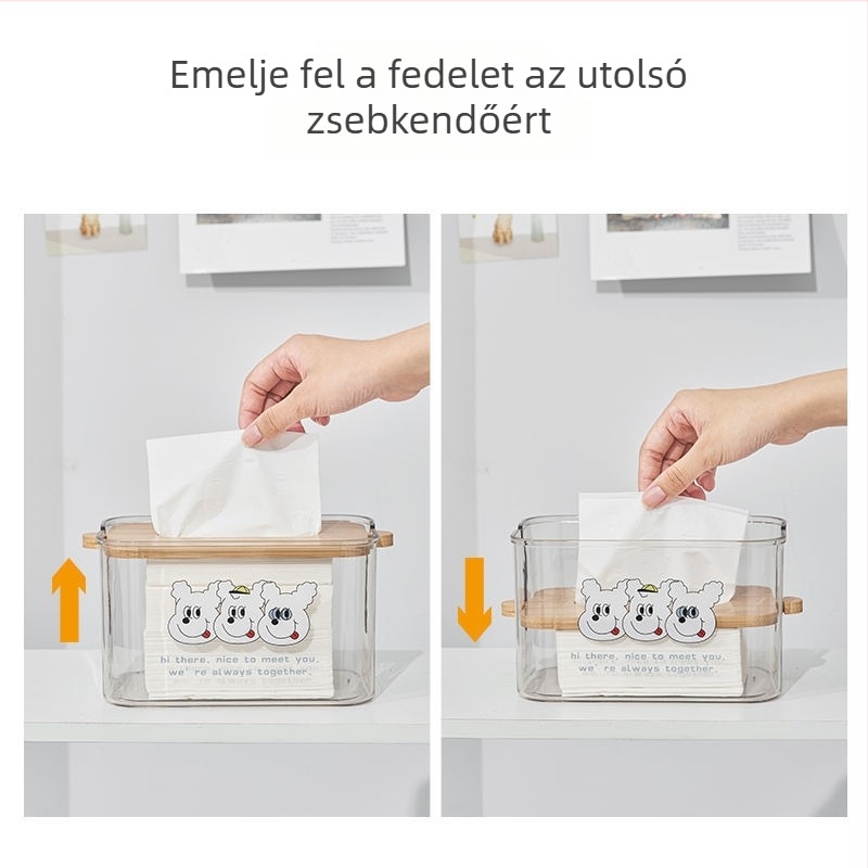 Papírzsebkendő tartó bambusz tetővel és PET átlátszó panellel, japán stílusú nappali dekoráció, modell G79518