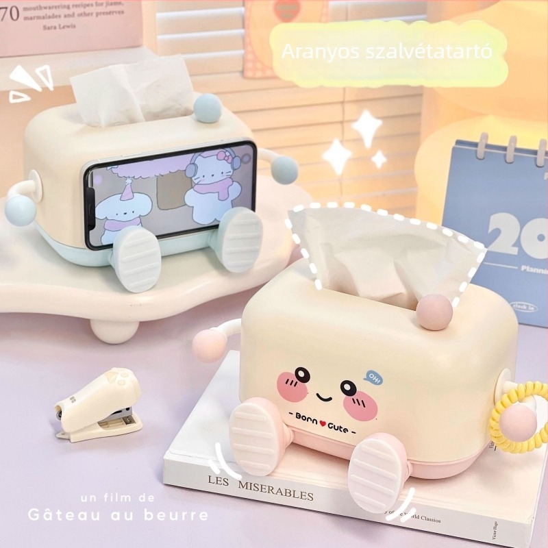 Asztali zsebkendő doboz aranyos rajzfilm kifejezéssel, multifunkciós telefonállvány, műanyag, modell 9021, autóban, nappaliban és fürdőszobában használható