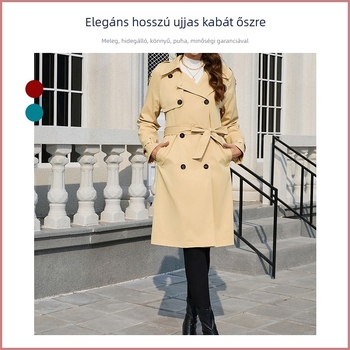 Női hosszú kabát, dupla gombolású gallér, karcsú szabás, poliészter/spandex keverék, hosszú ujjú, hosszúság 80–100 cm
