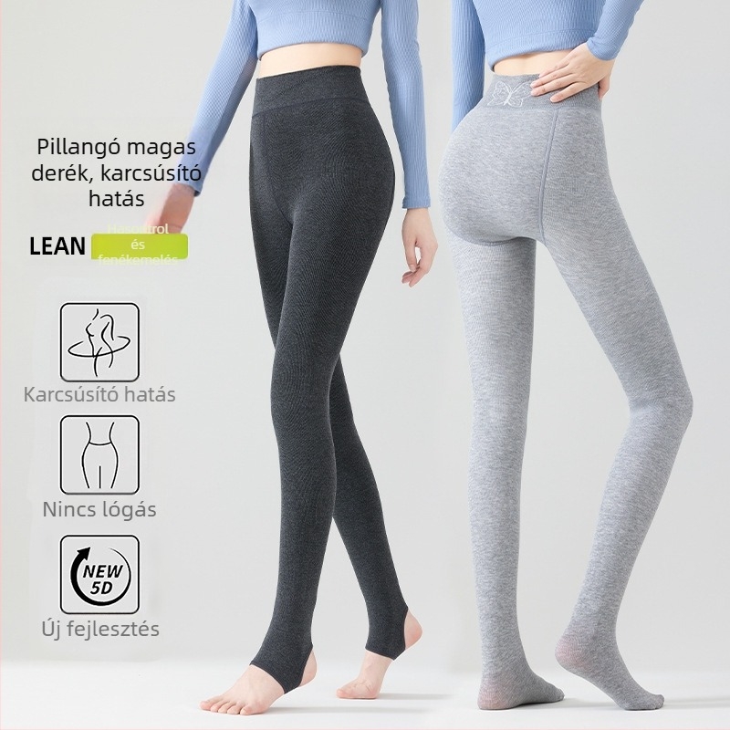 Magas derekú meleg fleece-bélés leggings, haskontroll, pillangó derékrész, függőleges csíkok, dinnyeszerű ágyéktájon, lábakkal ellátott