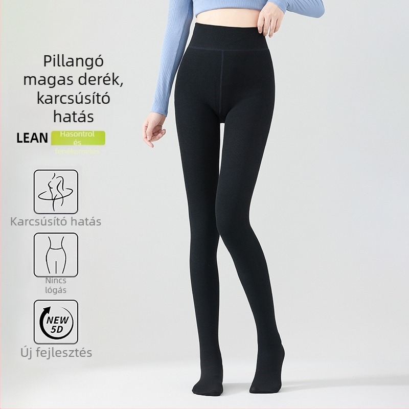 Magas derekú meleg fleece-bélés leggings, haskontroll, pillangó derékrész, függőleges csíkok, dinnyeszerű ágyéktájon, lábakkal ellátott