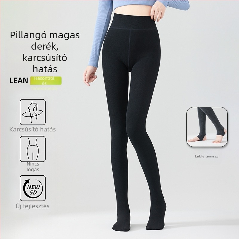 Magas derekú meleg fleece-bélés leggings, haskontroll, pillangó derékrész, függőleges csíkok, dinnyeszerű ágyéktájon, lábakkal ellátott