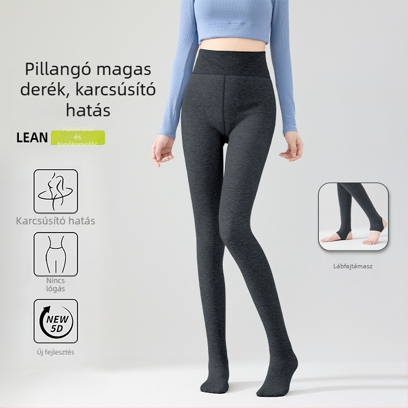 Magas derekú meleg fleece-bélés leggings, haskontroll, pillangó derékrész, függőleges csíkok, dinnyeszerű ágyéktájon, lábakkal ellátott