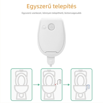 WC-ülőfedél éjjeli lámpa mozgásérzékelővel, akasztóba rögzíthető, 5V-os, akkumulátoros működés, modern minimalista dizájn, PC-lámpaernyő, méretek 58×80 mm
