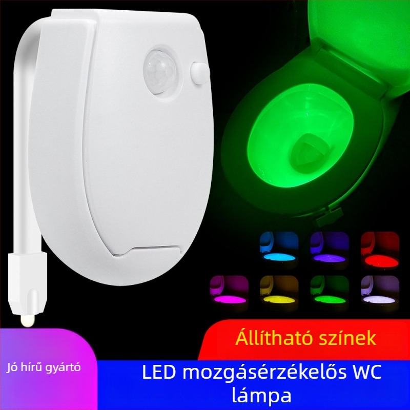 WC-ülőfedél éjjeli lámpa mozgásérzékelővel, akasztóba rögzíthető, 5V-os, akkumulátoros működés, modern minimalista dizájn, PC-lámpaernyő, méretek 58×80 mm