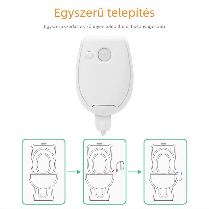 WC-ülőfedél éjjeli lámpa mozgásérzékelővel, akasztóba rögzíthető, 5V-os, akkumulátoros működés, modern minimalista dizájn, PC-lámpaernyő, méretek 58×80 mm