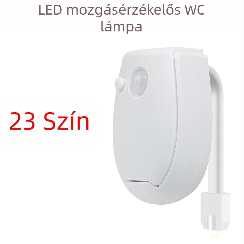 WC-ülőfedél éjjeli lámpa mozgásérzékelővel, akasztóba rögzíthető, 5V-os, akkumulátoros működés, modern minimalista dizájn, PC-lámpaernyő, méretek 58×80 mm