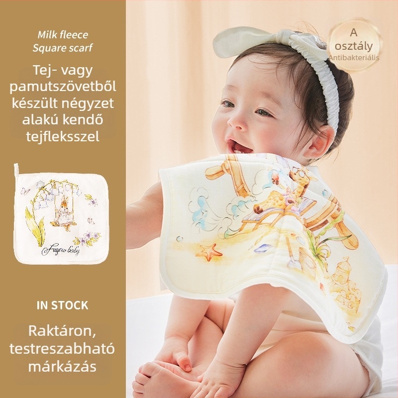 Baba négyszögletű törölköző bambusz rostból, karikatúra mintával, nedvszívó 0–6 éveseknek