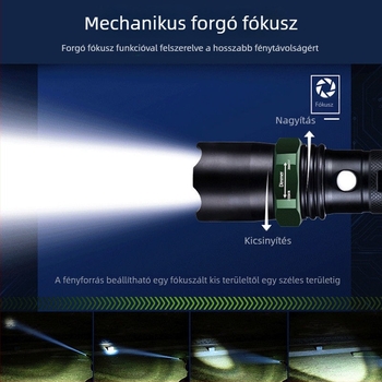 Újratölthető nagy fényerősségű zseblámpa hosszú hatótávolsággal, lézeres fényforrás, 30W, alumíniumötvözet, akkumulátorról működik, többfunkciós önvédelem