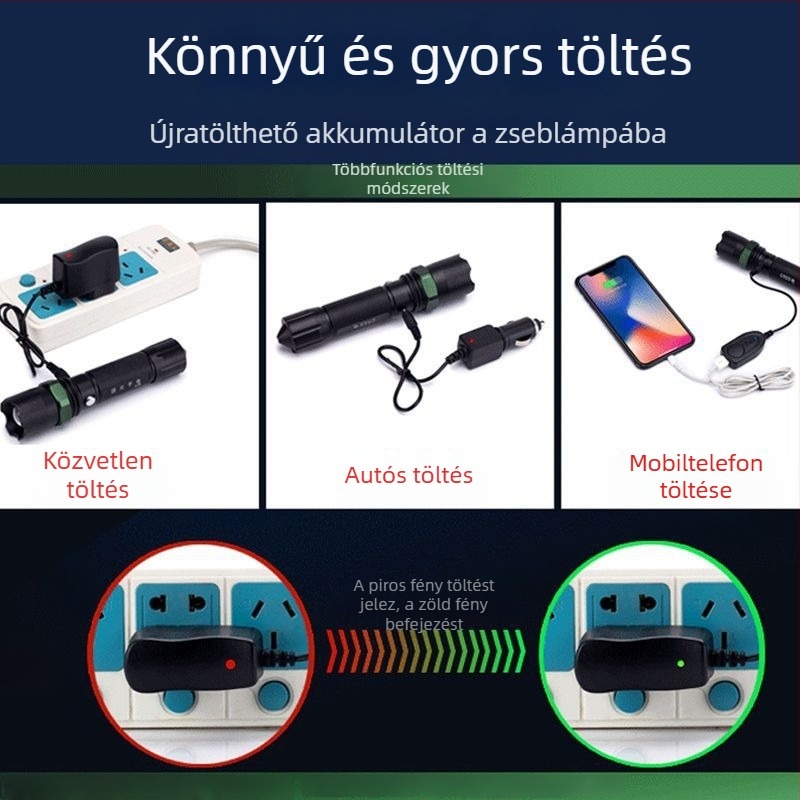 Újratölthető nagy fényerősségű zseblámpa hosszú hatótávolsággal, lézeres fényforrás, 30W, alumíniumötvözet, akkumulátorról működik, többfunkciós önvédelem