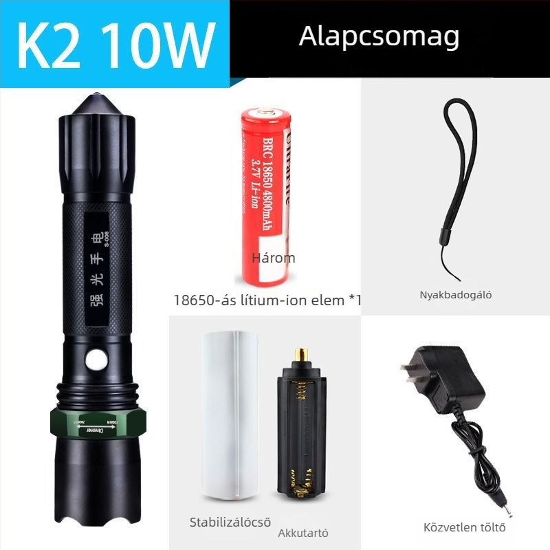 Újratölthető nagy fényerősségű zseblámpa hosszú hatótávolsággal, lézeres fényforrás, 30W, alumíniumötvözet, akkumulátorról működik, többfunkciós önvédelem