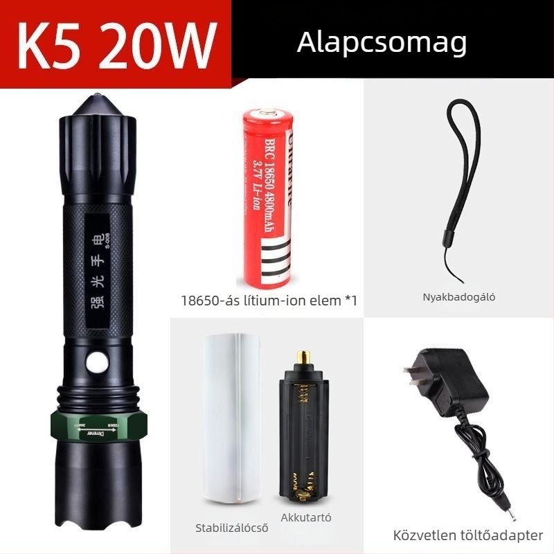 Újratölthető nagy fényerősségű zseblámpa hosszú hatótávolsággal, lézeres fényforrás, 30W, alumíniumötvözet, akkumulátorról működik, többfunkciós önvédelem