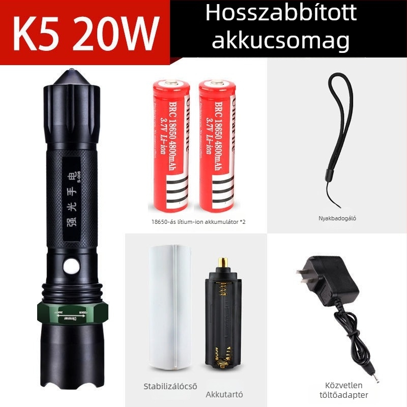 Újratölthető nagy fényerősségű zseblámpa hosszú hatótávolsággal, lézeres fényforrás, 30W, alumíniumötvözet, akkumulátorról működik, többfunkciós önvédelem