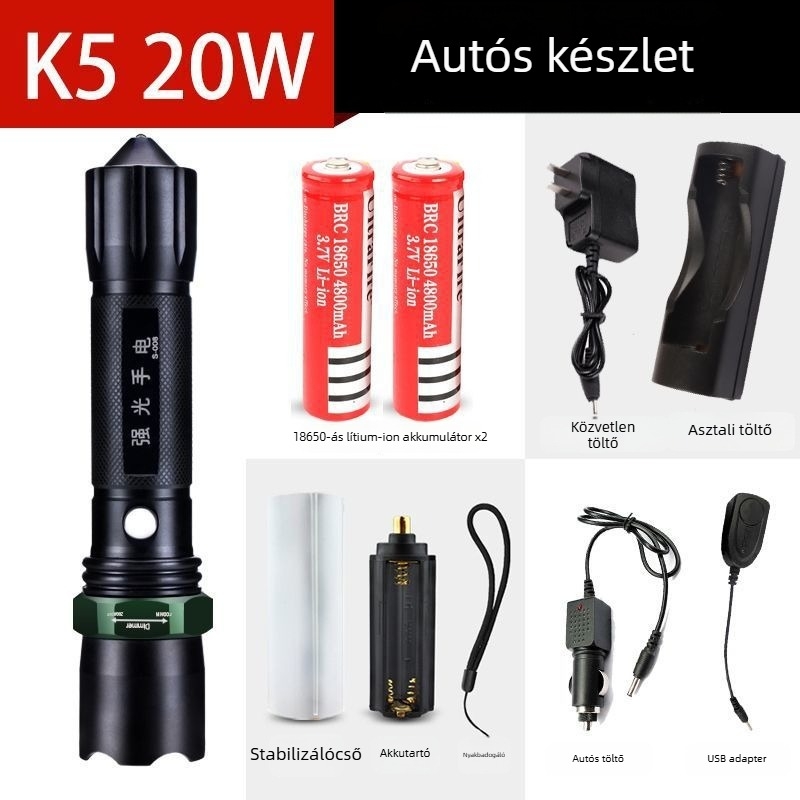 Újratölthető nagy fényerősségű zseblámpa hosszú hatótávolsággal, lézeres fényforrás, 30W, alumíniumötvözet, akkumulátorról működik, többfunkciós önvédelem