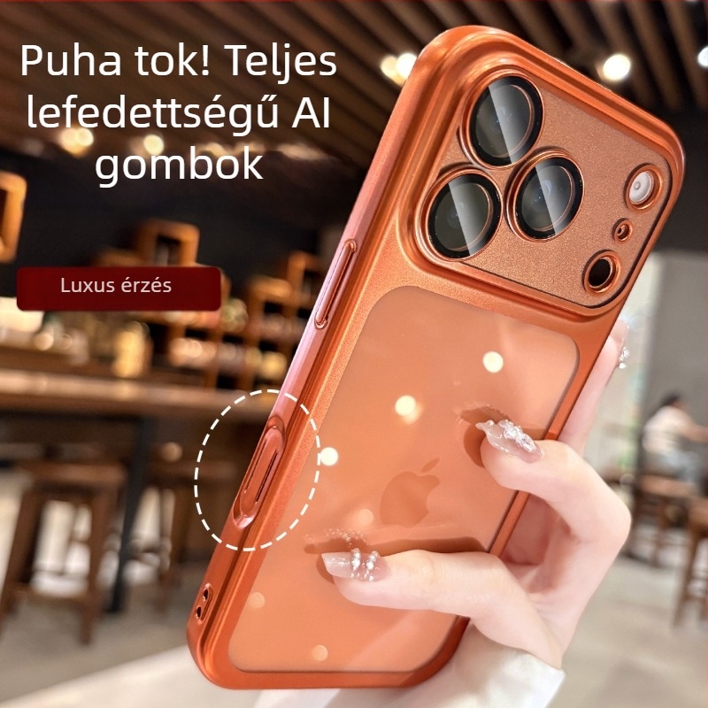 Átlátszó, matt elektroplatált szilikontok iPhone 17 Pro / Pro Max számára beépített lencsevédő filmmel