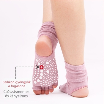 Pilates jóga zokni nőknek, középmagas szár, pöttyös csúszásmentes talppal, nyitott lábujjú slingback és elválasztott lábujjak, lélegző pamut 70–80%
