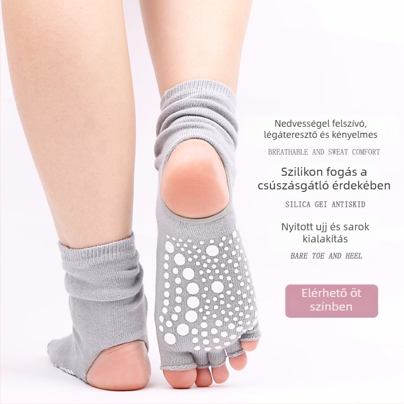 Pilates jóga zokni nőknek, középmagas szár, pöttyös csúszásmentes talppal, nyitott lábujjú slingback és elválasztott lábujjak, lélegző pamut 70–80%