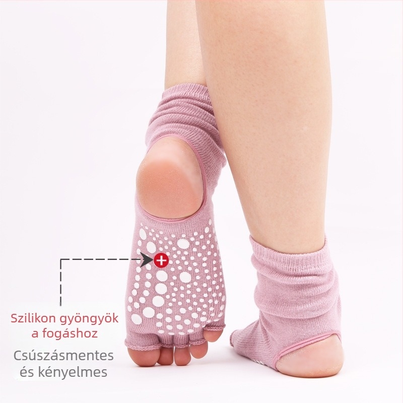 Pilates jóga zokni nőknek, középmagas szár, pöttyös csúszásmentes talppal, nyitott lábujjú slingback és elválasztott lábujjak, lélegző pamut 70–80%