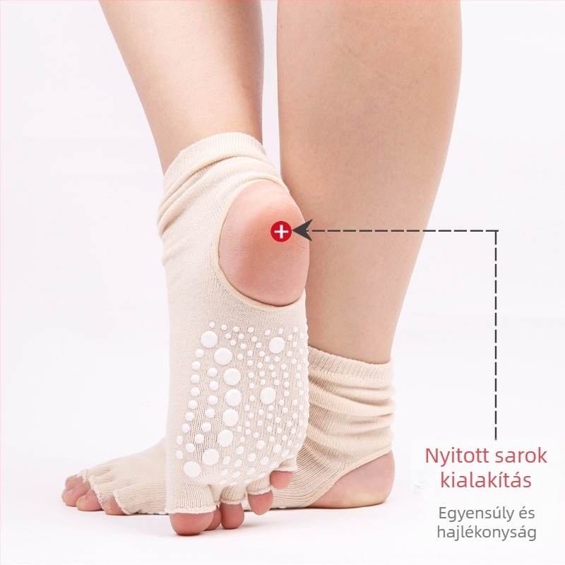 Pilates jóga zokni nőknek, középmagas szár, pöttyös csúszásmentes talppal, nyitott lábujjú slingback és elválasztott lábujjak, lélegző pamut 70–80%