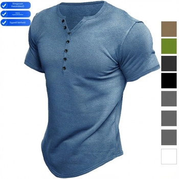 Férfi Henley póló álló gallérral, rövid ujjú, bő szabású, pamut-keverék, lélegző, jelvény részlettel