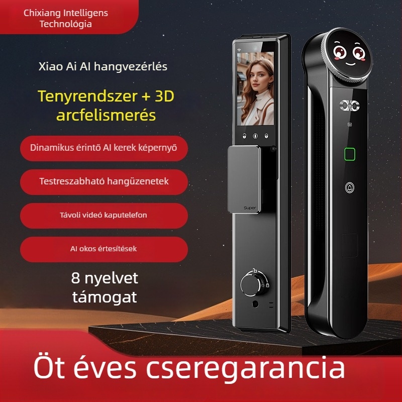 Okos ajtózár (arcfelismerés, ujjlenyomat, távoli feloldás, látható macskaszem, DC tápegység)