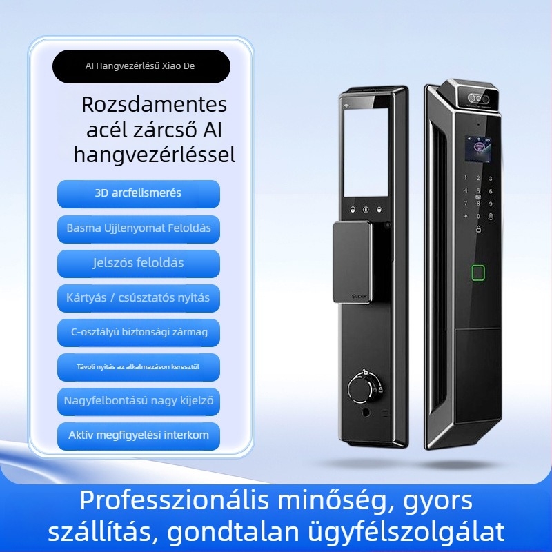 Okos ajtózár (arcfelismerés, ujjlenyomat, távoli feloldás, látható macskaszem, DC tápegység)