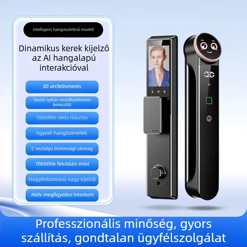 Okos ajtózár (arcfelismerés, ujjlenyomat, távoli feloldás, látható macskaszem, DC tápegység)