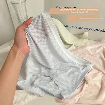 Varrás nélküli női alsó ice silk anyagból, japán stílusú, mulberry selyem bélés, középmagas derék, csíkos
