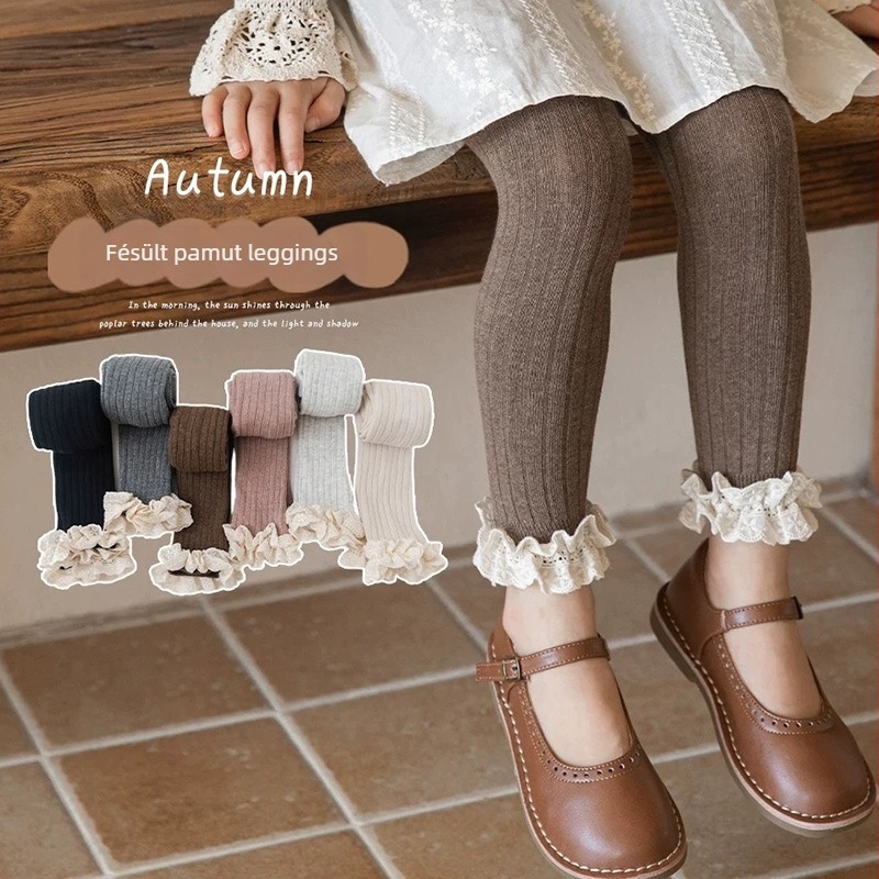 Őszi gyerekeknek készült pamut capri leggings széles csíkokkal és csipkével, koreai stílusú, lányoknak