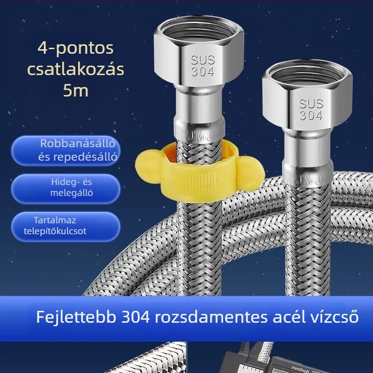 304 rozsdamentes acél vízbetápláló tömlő bojlerhez, dupla fej, spirál típus, névleges nyomás 1.0, 0–90°C