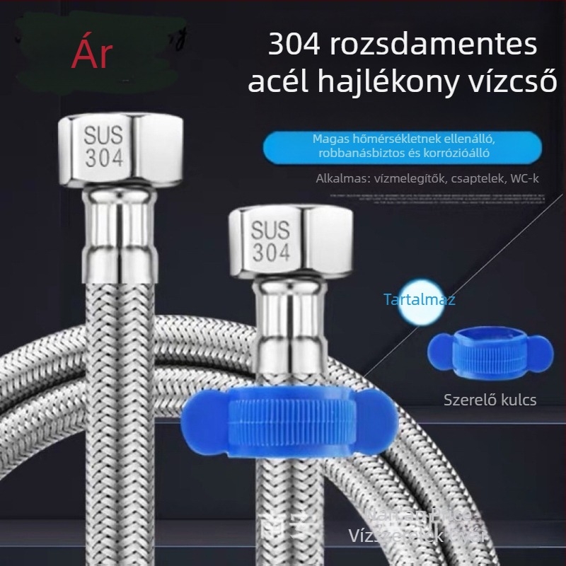 304 rozsdamentes acél vízbetápláló tömlő bojlerhez, dupla fej, spirál típus, névleges nyomás 1.0, 0–90°C