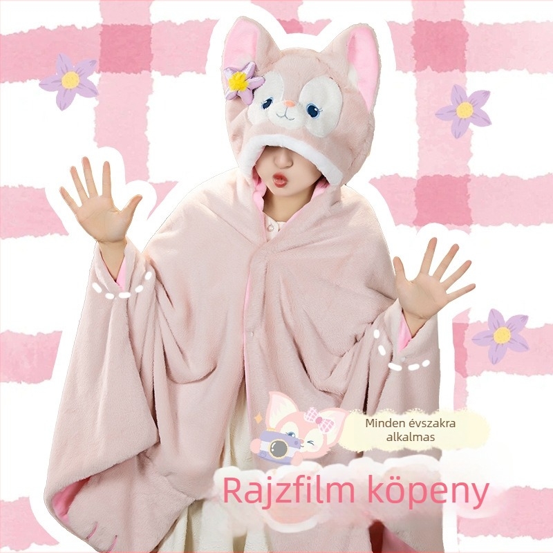 Rajzfilmszerű, kétszintes meleg köpeny kapucnival és sállal, Lena Bell takaró diákoknak és irodának