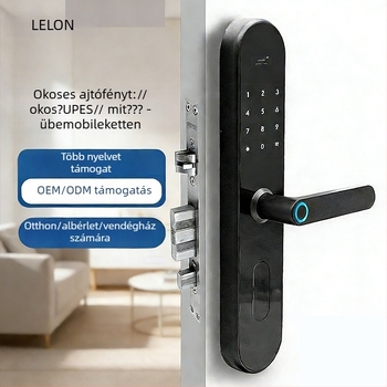 Okos ajtózár ujjlenyomat, kártya, Bluetooth és jelszó – 300 ujjlenyomat tárolva, DC energiaellátás, ajtó vastagsága 40–110 mm, 6068 lopás elleni zártest, távirányított feloldás
